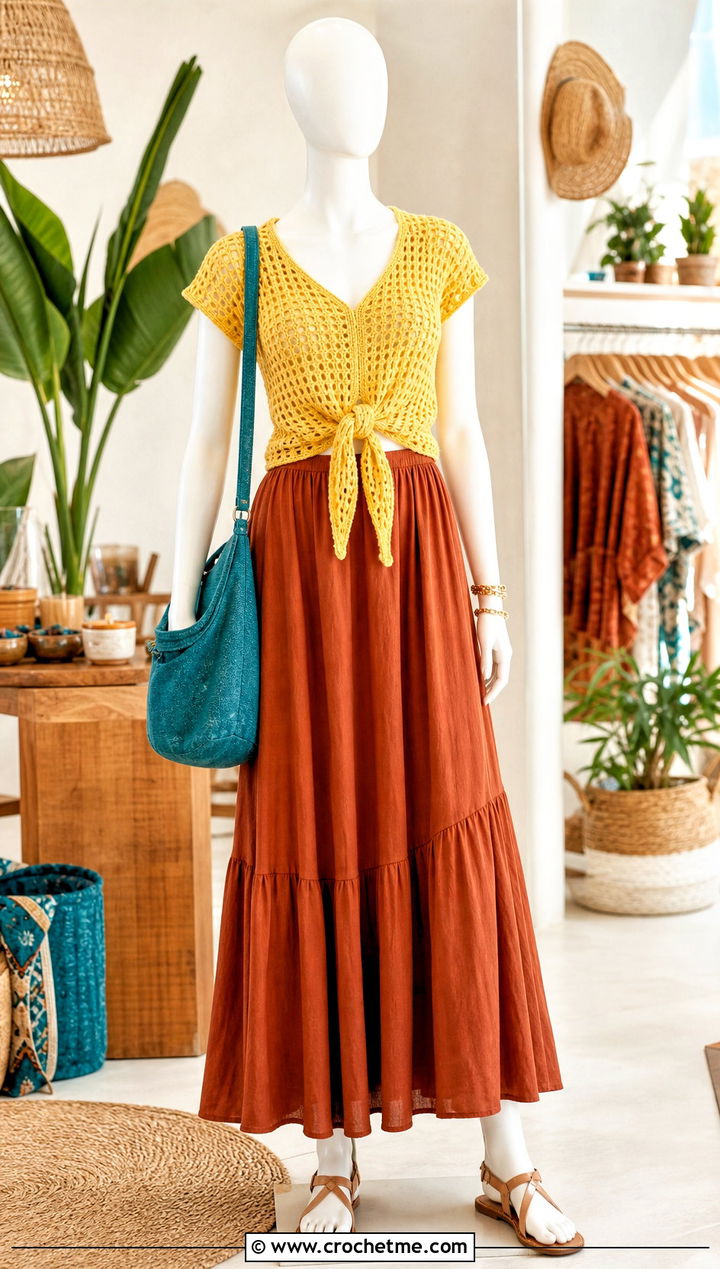 Yellow Tie Front Crochet Top With Maxi Skirt - 15 yellow crochet top on mannequin outfit ideas