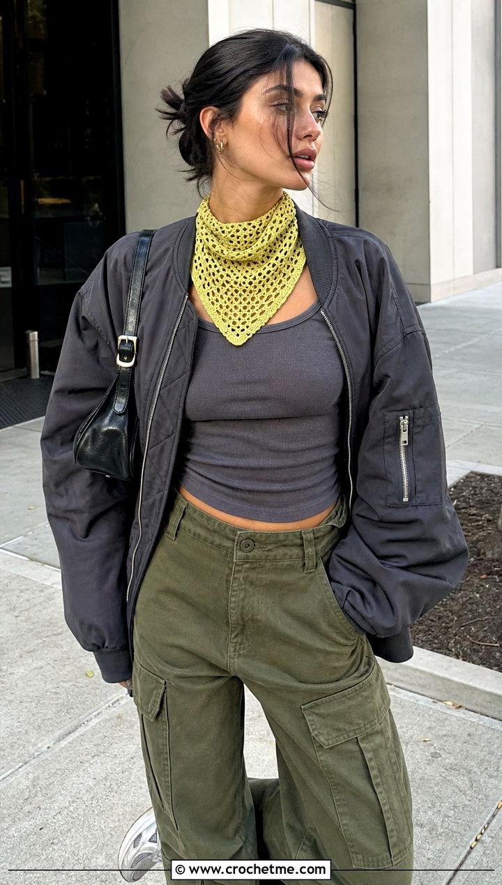 Yellow Triangle Crochet Scarf With Cargo Pants - 15 yellow crocheted scarf on table outfit ideas