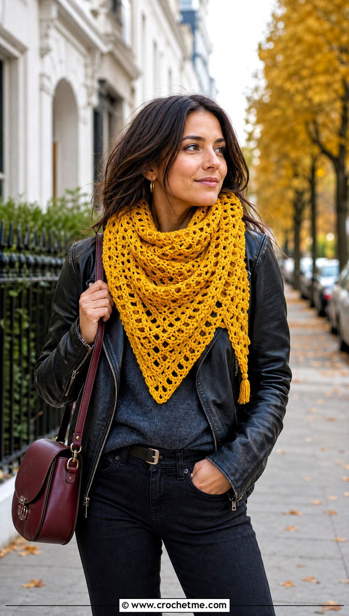 Yellow Triangle Crochet Scarf With Leather Jacket - 15 autumn yellow crochet scarf outfit ideas