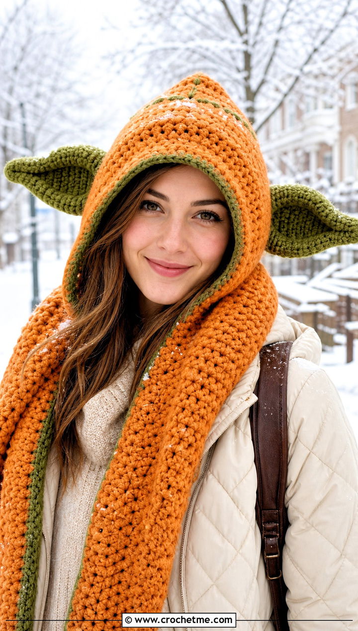 Yoda Scoodie With Quilted Coat - 15 Crochet Star Wars Scarf outfit ideas
