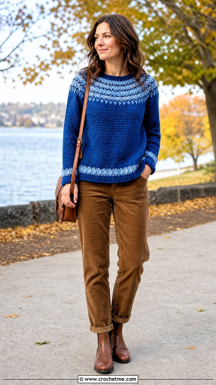 Yoke Crochet Sweater With Corduroy Pants - 35 crochet sweaters women outfit ideas