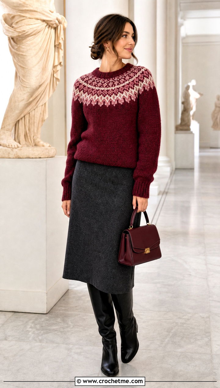 Yoke Crochet Sweater With Wool Midi Skirt - 30 cozy crochet sweater outfit ideas