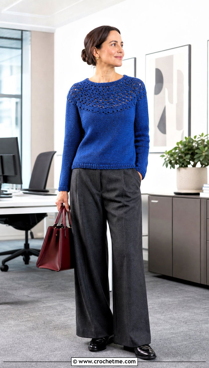 Yoke Pullover Crochet Sweater With Wool Trousers - 30 Pullover Crochet Sweater outfit ideas