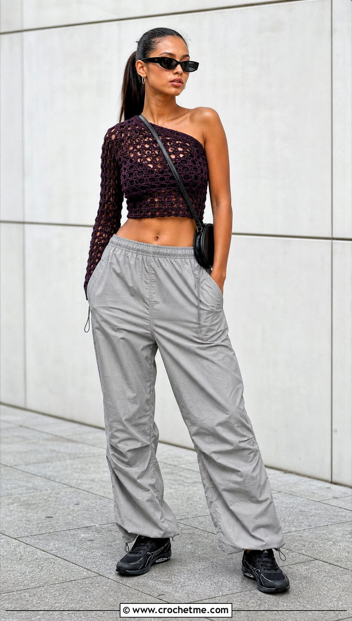 Zara Asymmetric Crochet Crop Top With Parachute Pants - 20 zara crochet crop top outfit ideas