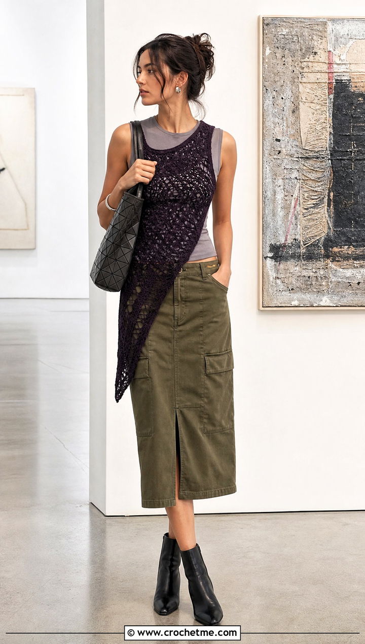 Zara Asymmetric Crochet Vest Top With Utility Skirt - 15 zara crochet vest top outfit ideas