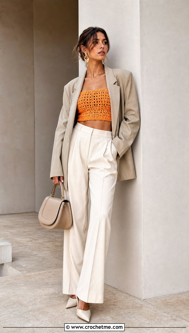 Zara Bandeau Crochet Crop Top With Oversized Blazer - 20 zara crochet crop top outfit ideas