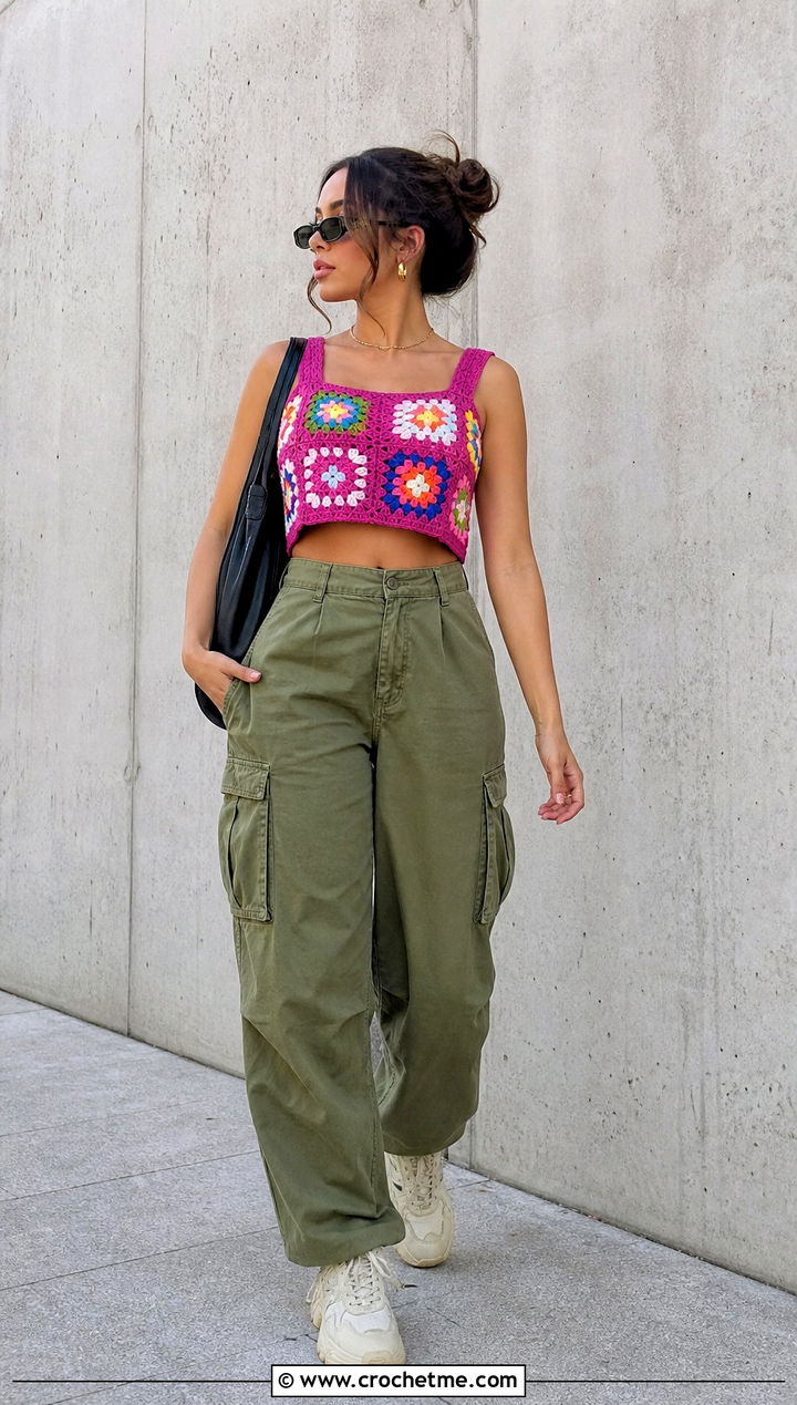 Zara Granny Square Crochet Crop Top With Cargo Pants - 20 zara crochet crop top outfit ideas