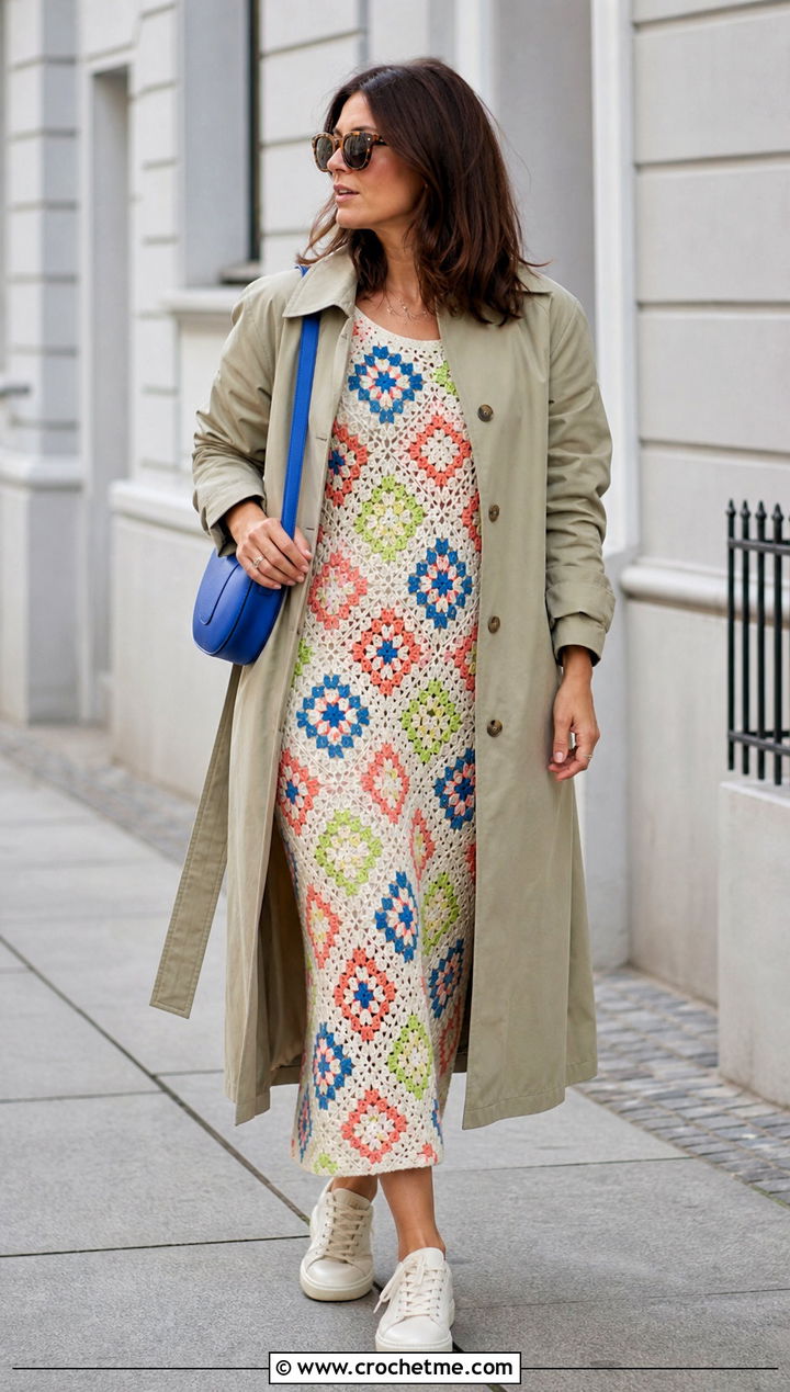 Zara Granny Square Crochet Dress With Trench Coat - 15 zara crochet dress outfit ideas