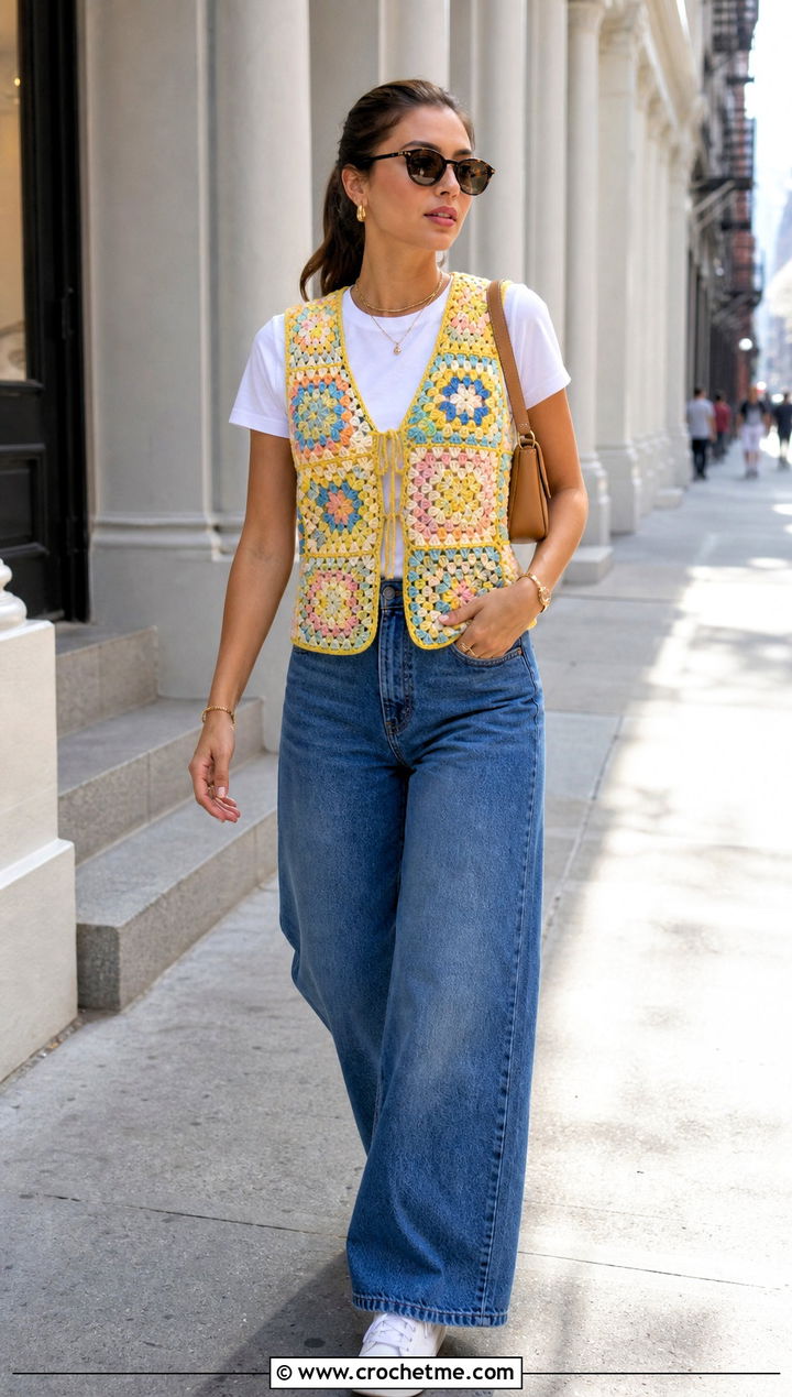 Zara Granny Square Crochet Vest Top With Wide Leg Jeans - 15 zara crochet vest top outfit ideas