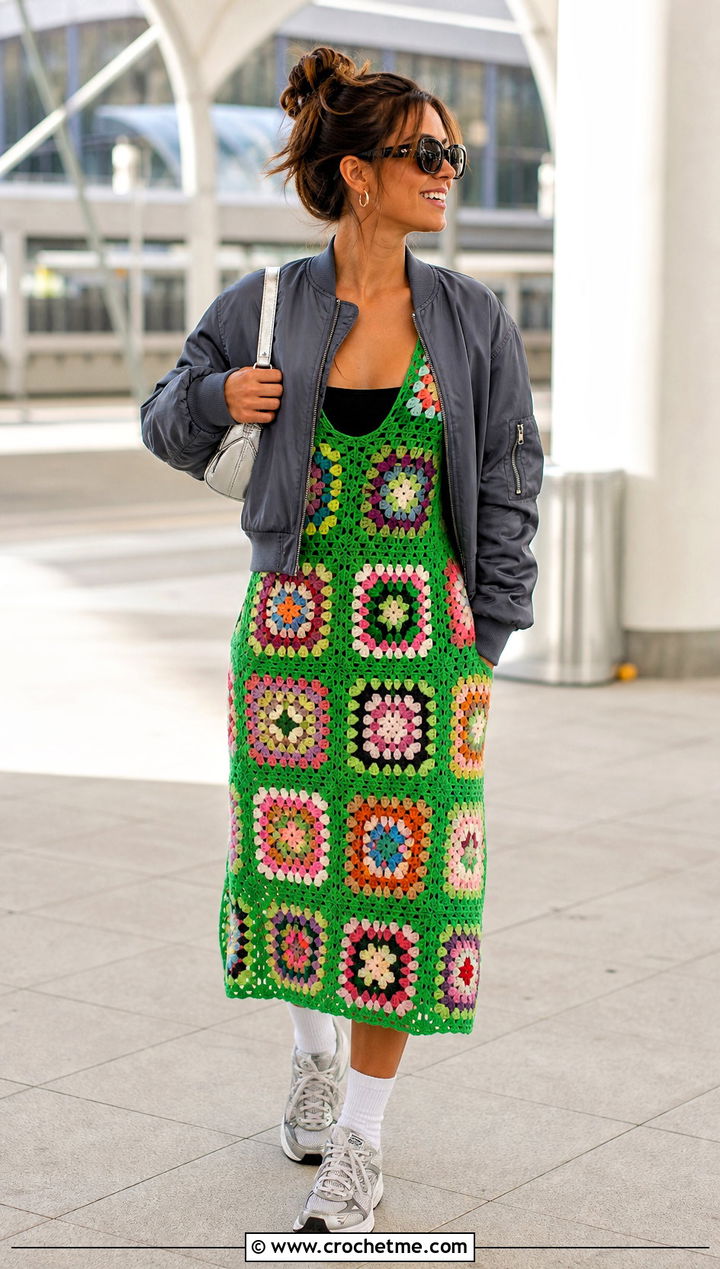 Zara Granny Square Dress With Bomber Jacket And Trainers - 15 Zara Granny Square Dress outfit ideas