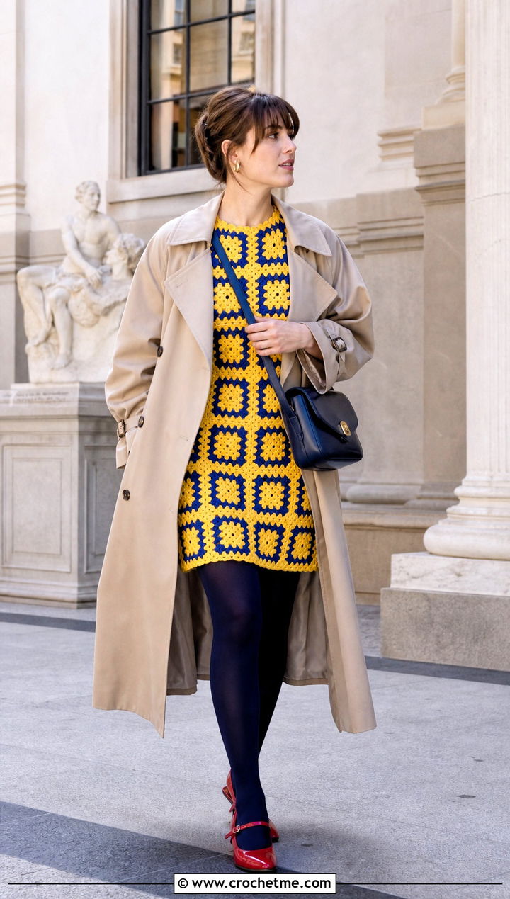Zara Granny Square Dress With Trench Coat And Mary Janes - 15 Zara Granny Square Dress outfit ideas