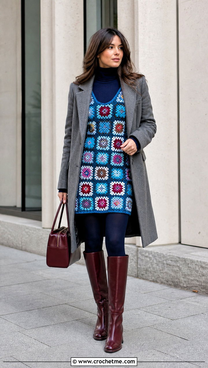 Zara Granny Square Dress With Turtleneck And Knee High Boots - 15 Zara Granny Square Dress outfit ideas