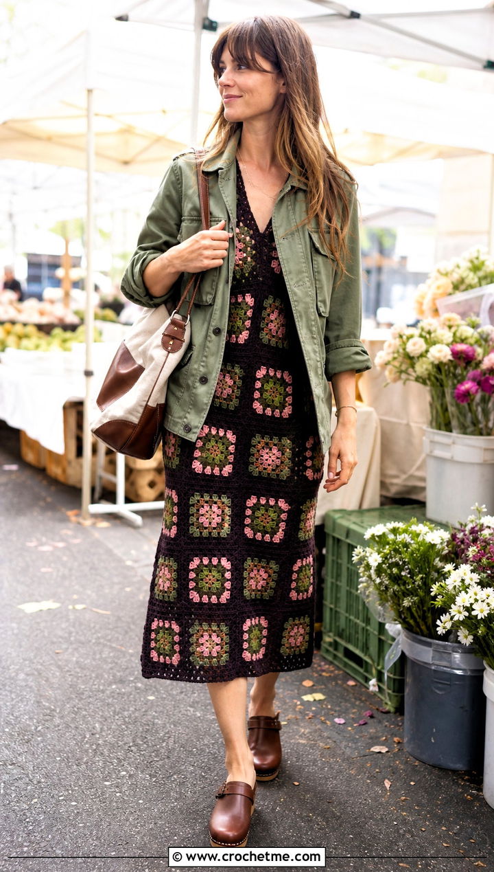 Zara Granny Square Dress With Utility Jacket And Clogs - 15 Zara Granny Square Dress outfit ideas