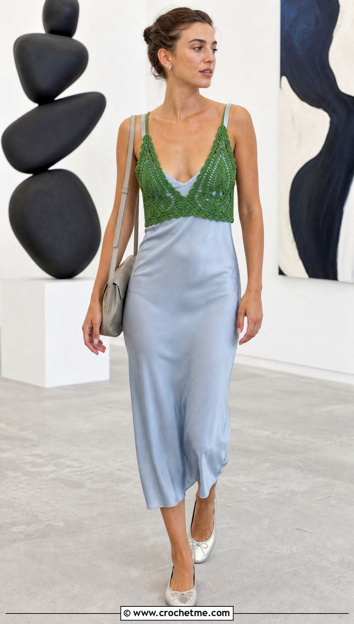 Zara Green Crochet Bralette Top Over A Slip Dress - 15 zara green crochet top outfit ideas