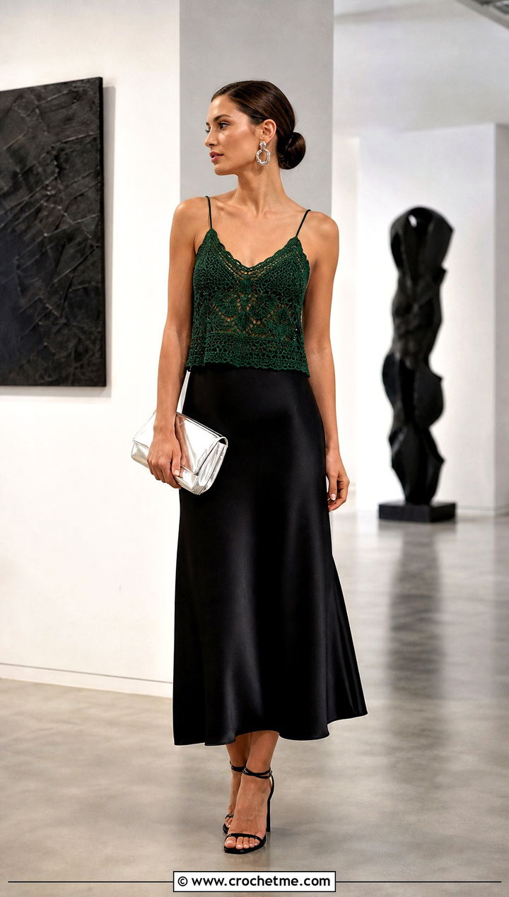Zara Green Crochet Cami Top With Black Satin Midi Skirt - 15 zara green crochet top outfit ideas