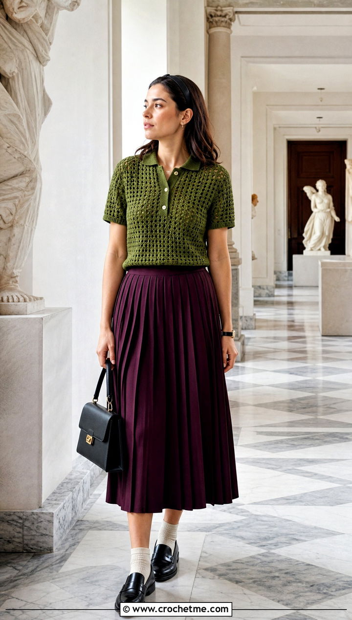 Zara Green Crochet Polo Top With Pleated Midi Skirt - 15 zara green crochet top outfit ideas