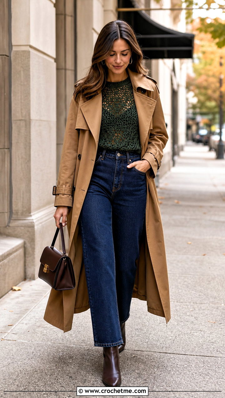 Zara Green Crochet Top With Dark Jeans And Trench Coat - 15 zara green crochet top outfit ideas