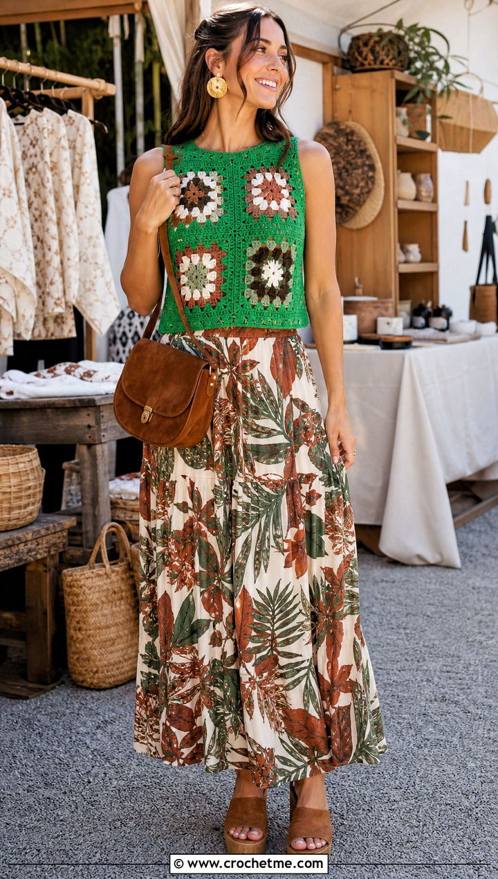 Zara Green Granny Square Top With Printed Maxi Skirt - 15 zara green crochet top outfit ideas