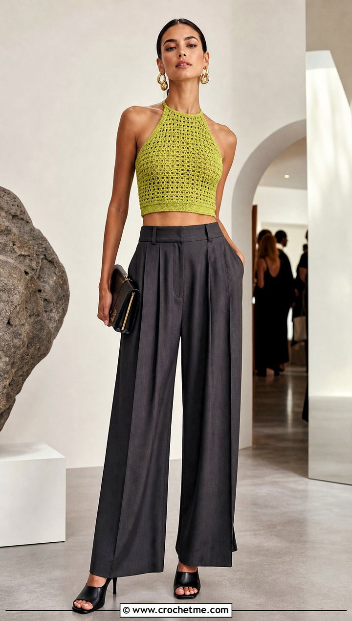 Zara Halter Crochet Crop Top With Tailored Trousers - 20 zara crochet crop top outfit ideas