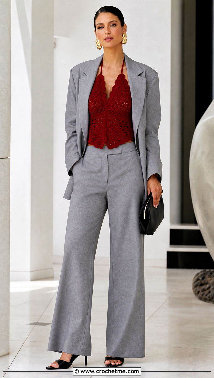 Zara Halter Crochet Vest Top With Relaxed Suit - 15 zara crochet vest top outfit ideas