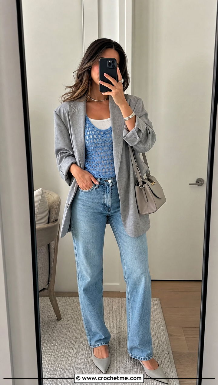Zara Mesh Crochet Vest Top With Blazer And Jeans - 15 zara crochet vest top outfit ideas