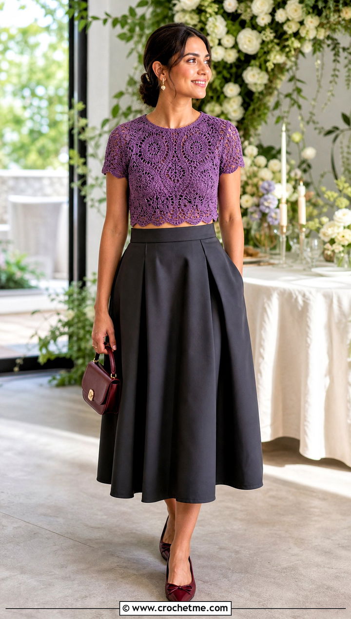 Zara Round Neck Crochet Crop Top With A Line Midi Skirt - 20 zara crochet crop top outfit ideas