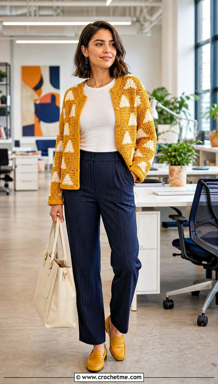 Zenitsu Boxy Cardigan With Pinstripe Trousers - 35 Demon Slayer Crochet Cardigan outfit ideas