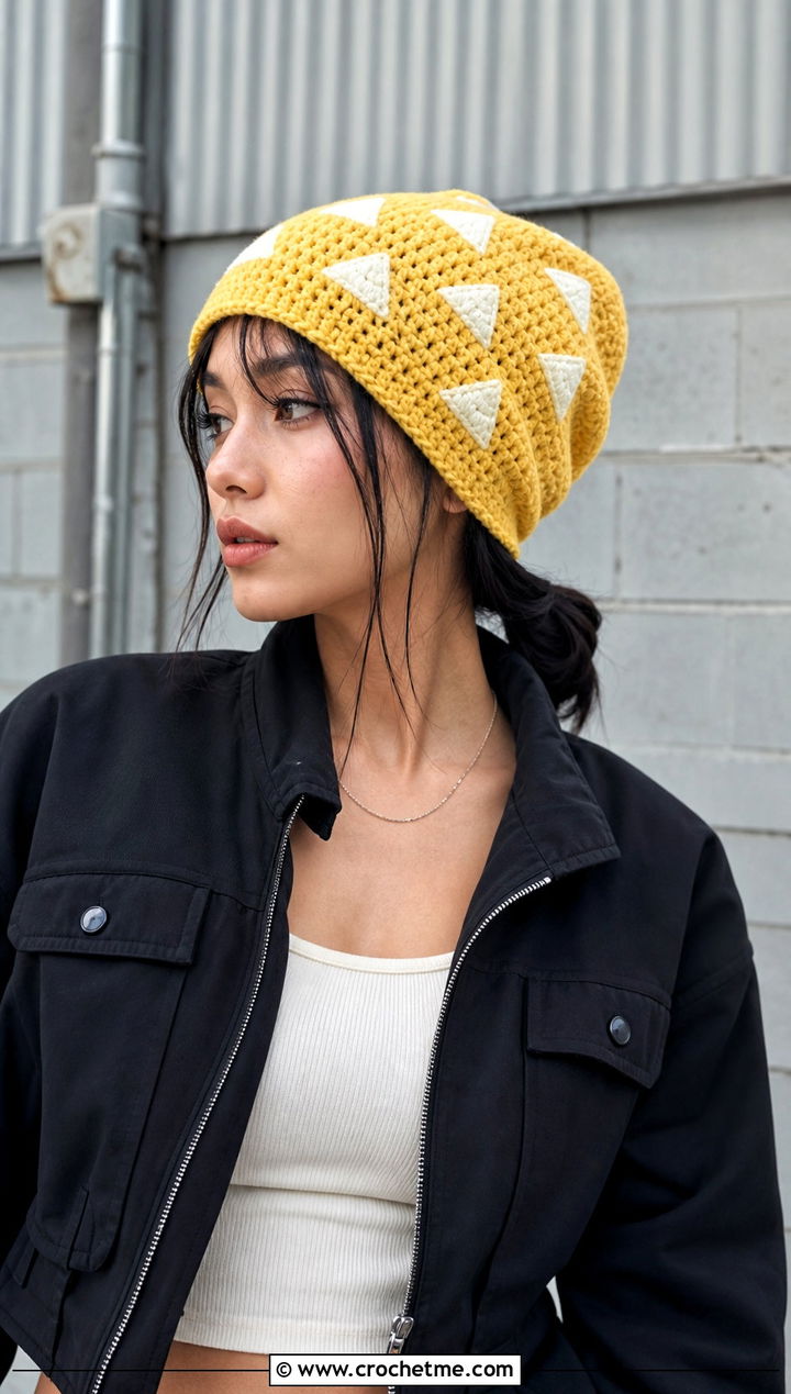 Zenitsu Triangle Slouchy Beanie With Utility Streetwear - 25 Demon Slayer Crochet Hat outfit ideas