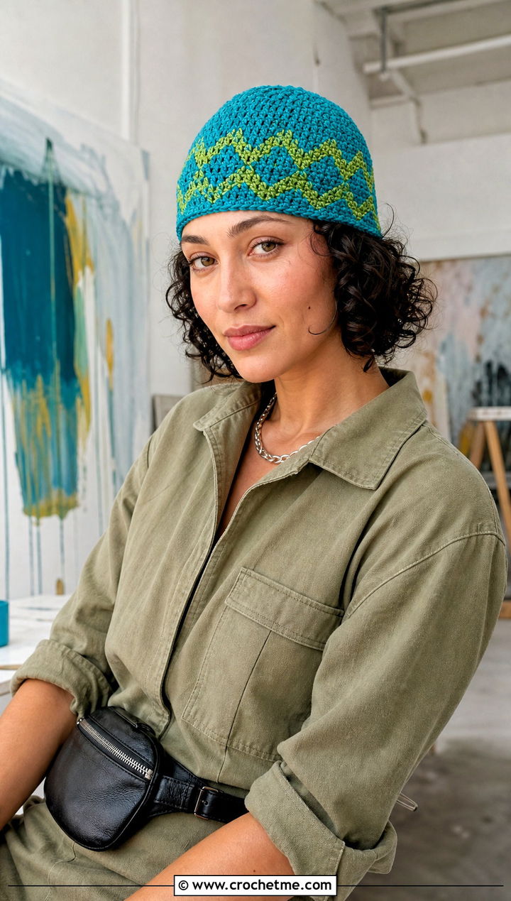 Zig Zag Crochet Skull Cap With Utility Jumpsuit And Sneakers - 15 Zig Zag Crochet Hat outfit ideas