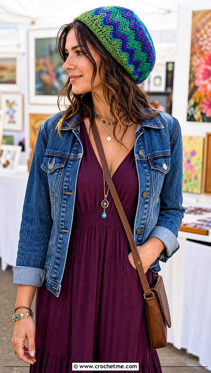 Zig Zag Crochet Tam Hat With Maxi Dress And Denim Jacket - 15 Zig Zag Crochet Hat outfit ideas