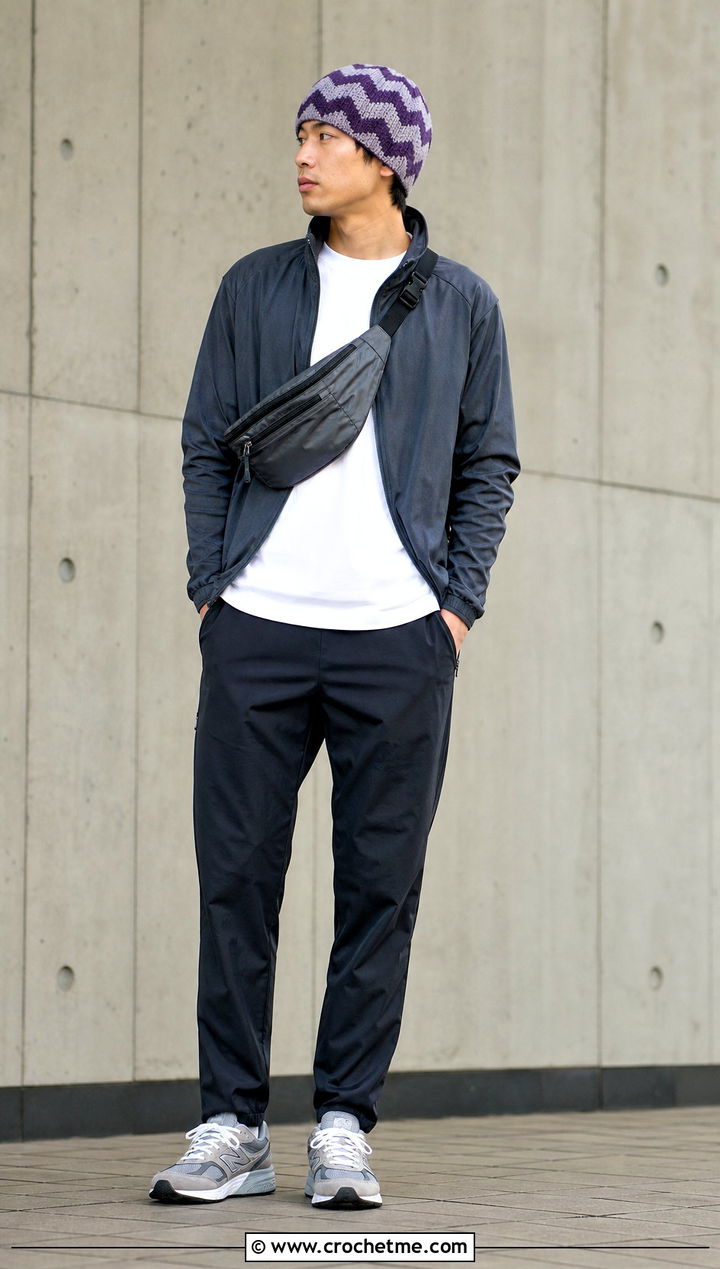 Zigzag Crochet Beanie With Track Jacket - 35 mens crochet beanie outfit ideas