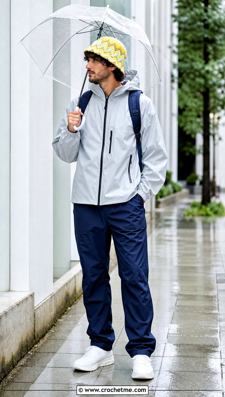Zigzag Crochet Bucket Hat With Rain Jacket - 35 men crochet bucket hat outfit ideas