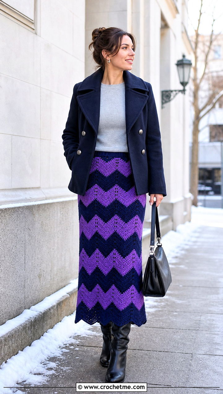 Zigzag Crochet Maxi Skirt With Peacoat - 35 long crochet skirt outfit ideas