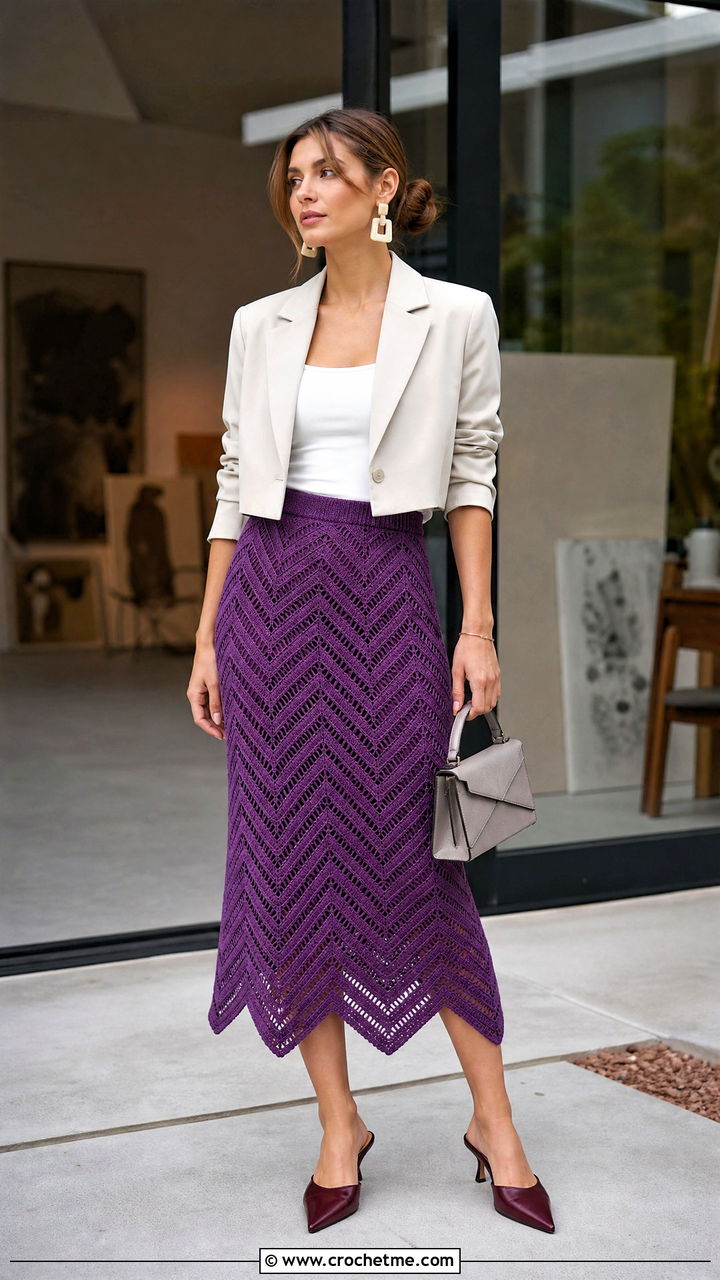 Zigzag Crochet Midi Skirt With Cropped Blazer - 35 crochet summer skirt outfit ideas