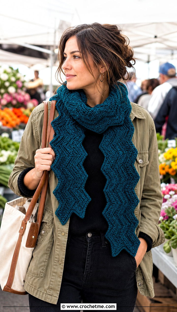 Zigzag Crochet Scarf With Utility Jacket and Black Jeans - 25 wavy crochet scarf outfit ideas