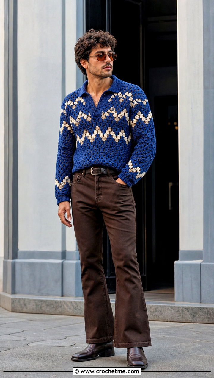 Zigzag Crochet Sweater With Flared Trousers - 30 men's crochet sweater outfit ideas