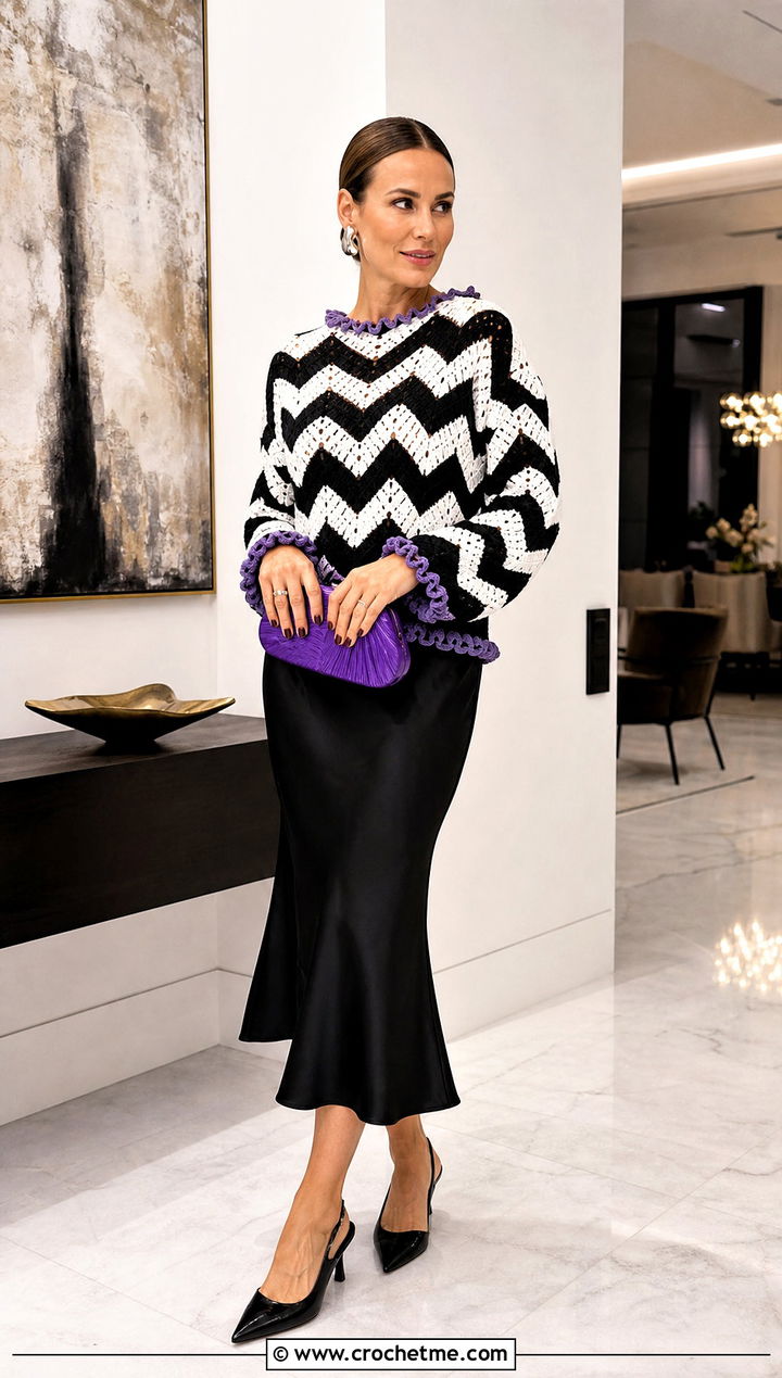 Zigzag Crochet Sweater With Satin Midi Skirt - 35 black and white crochet sweater outfit ideas