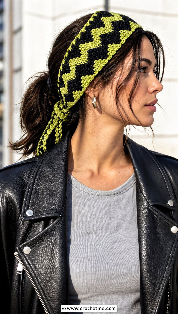 Zigzag Crochet Tie Headband With Leather Jacket - 35 crochet tie headband outfit ideas