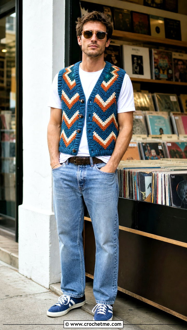 Zigzag Crochet Vest With Faded Denim - 30 men's crochet vest outfit ideas