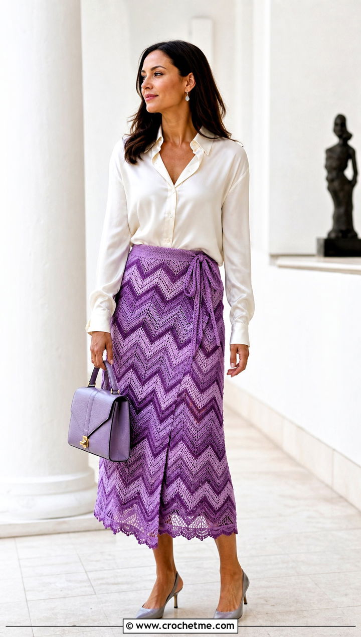 Zigzag Midi Wrap Skirt With Silk Button Down Shirt - 15 crochet zigzag skirt outfit ideas