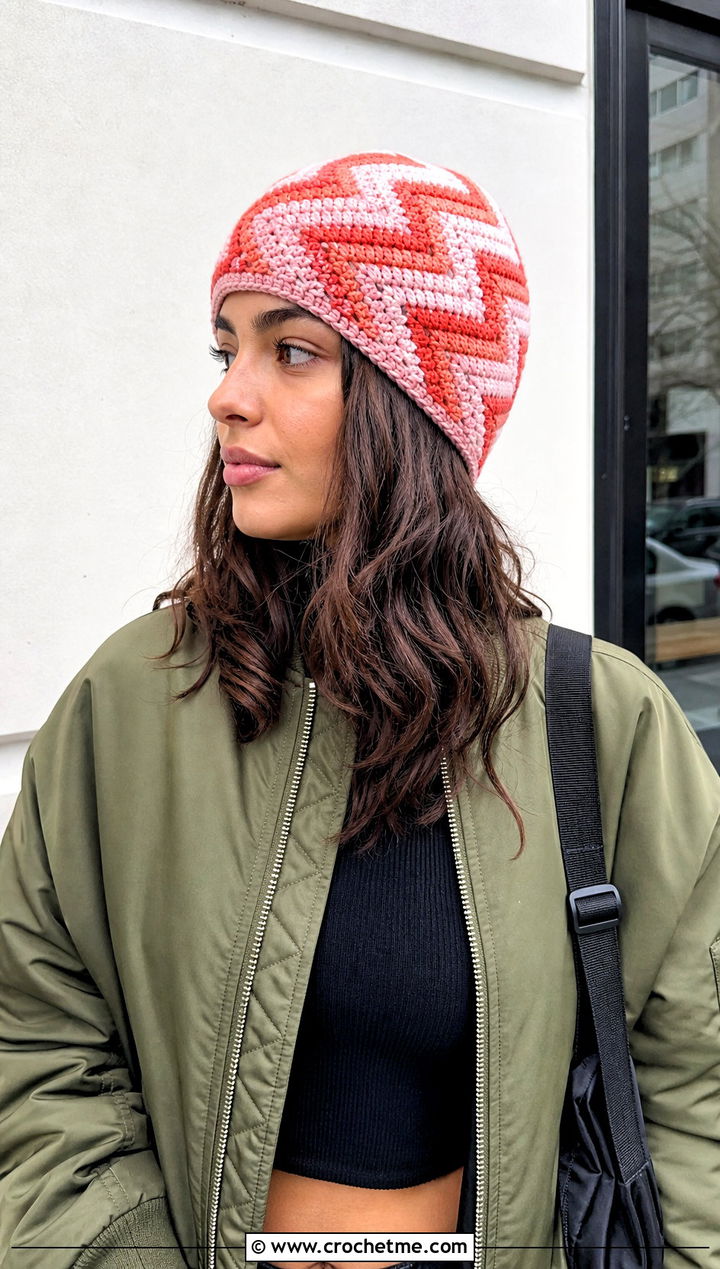 Zigzag Mosaic Crochet Beanie With Streetwear Outfit - 25 Mosaic Crochet Beanie outfit ideas