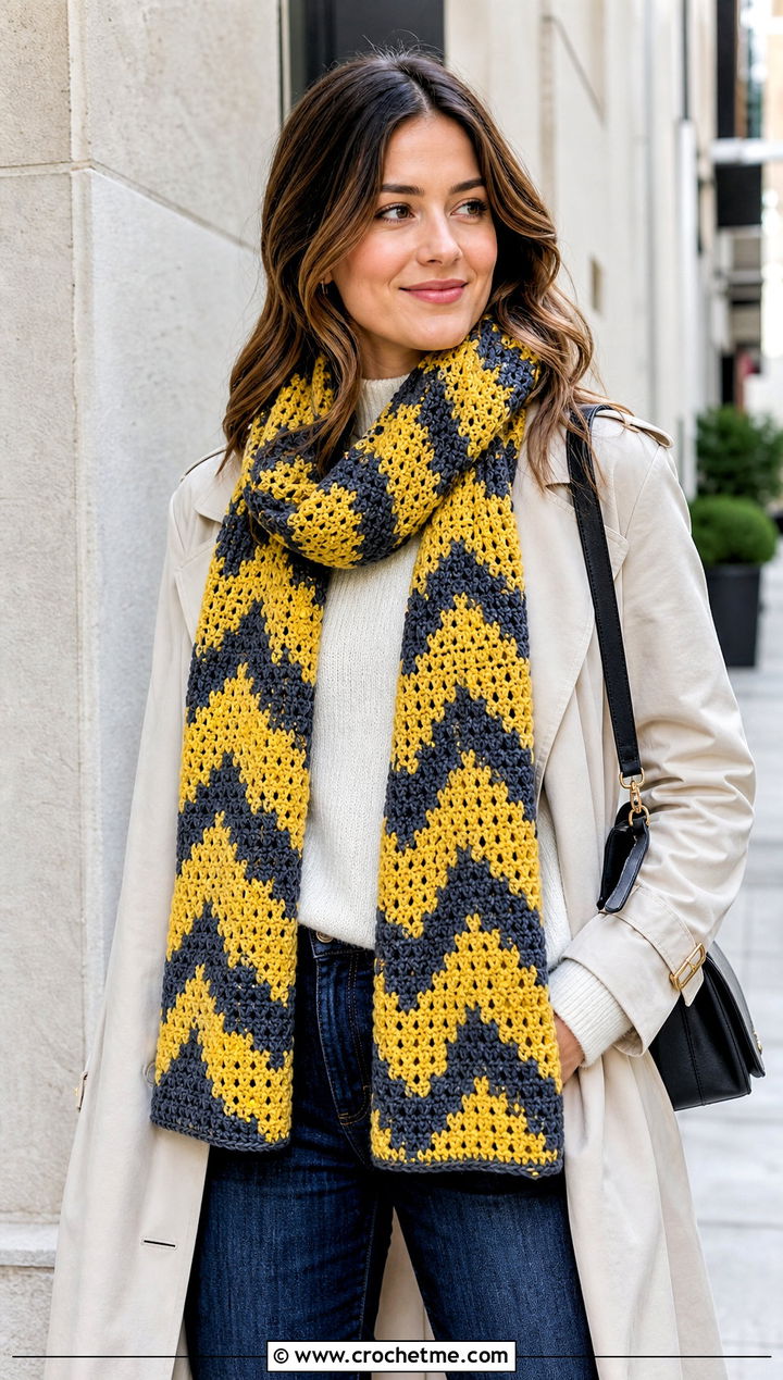 Zigzag Mosaic Crochet Scarf With Trench Coat - 25 Mosaic Crochet Scarf outfit ideas