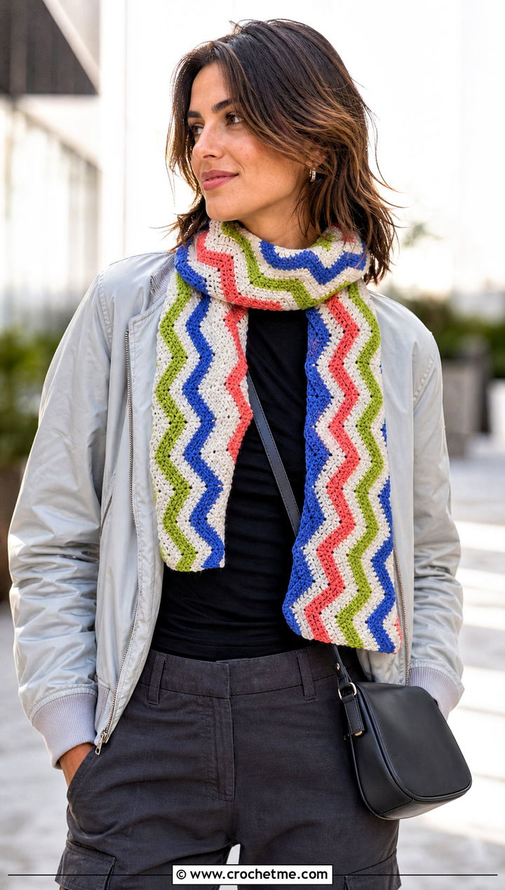 Zigzag Narrow Crochet Scarf With Bomber Jacket - 25 Narrow Crochet Scarf outfit ideas