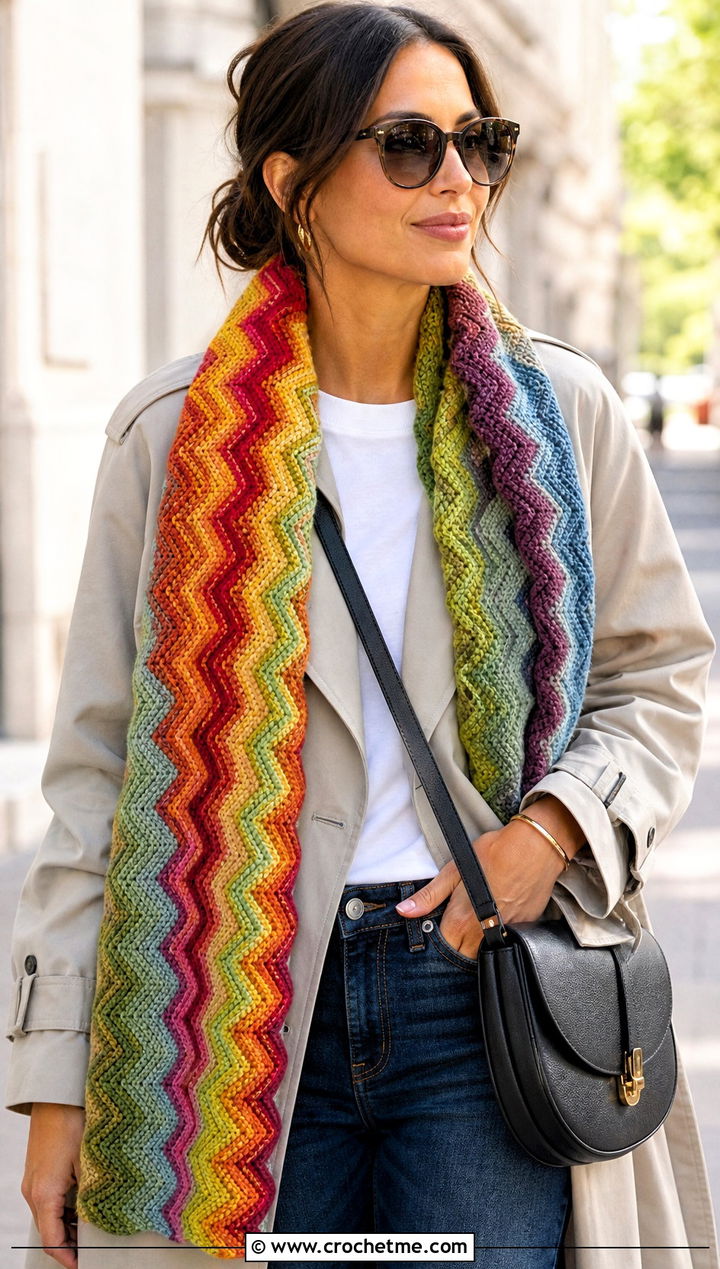 Zigzag Pip Stitch Crochet Crayon Scarf With Trench Coat - 15 Crochet Crayon Scarf outfit ideas