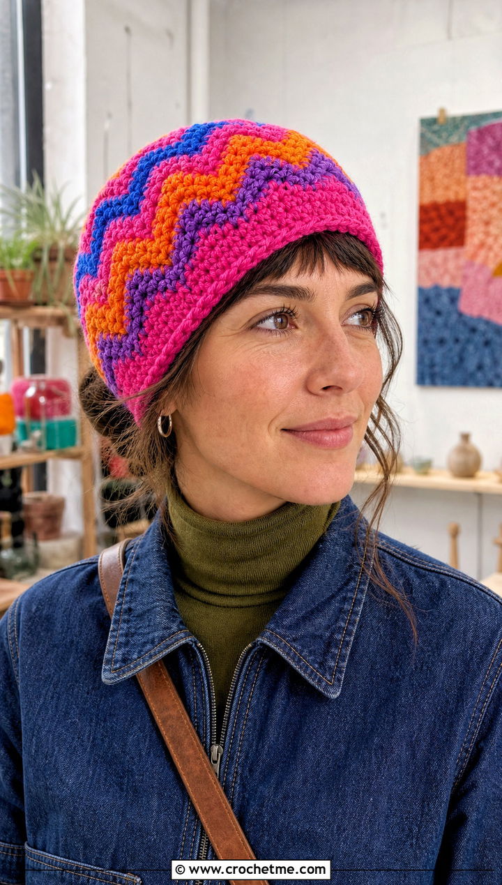 Zigzag Scrap Yarn Crochet Beanie With Denim Jumpsuit - 30 scrap yarn crochet beanie outfit ideas