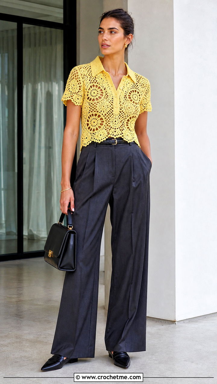 Zimmermann Aster Crochet Polo Top With Tailored Trousers - 15 zimmermann crochet top outfit ideas