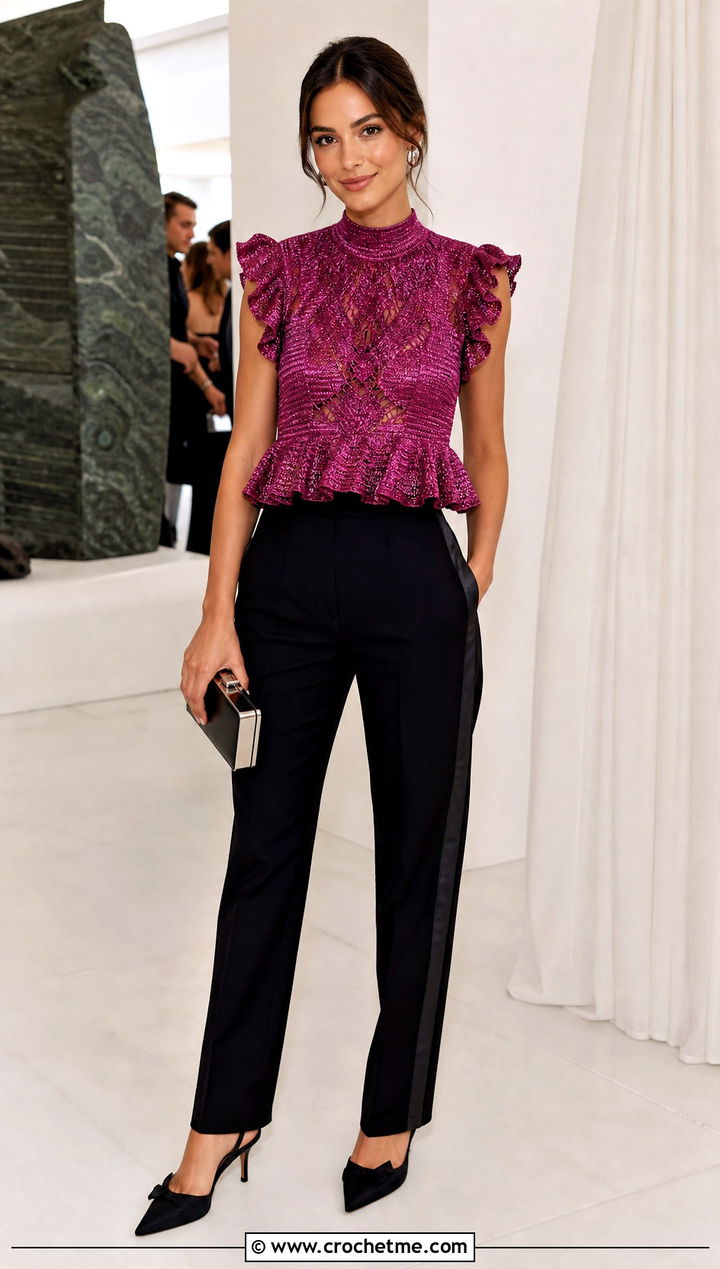 Zimmermann Metallic Crochet Frill Top With Black Tuxedo Pants - 15 zimmermann crochet top outfit ideas