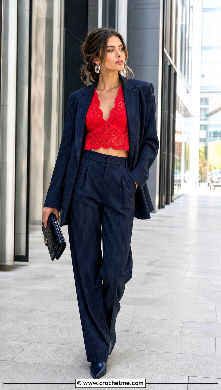 Zimmermann Scalloped Crochet Crop Top With Pinstripe Suit - 15 zimmermann crochet top outfit ideas