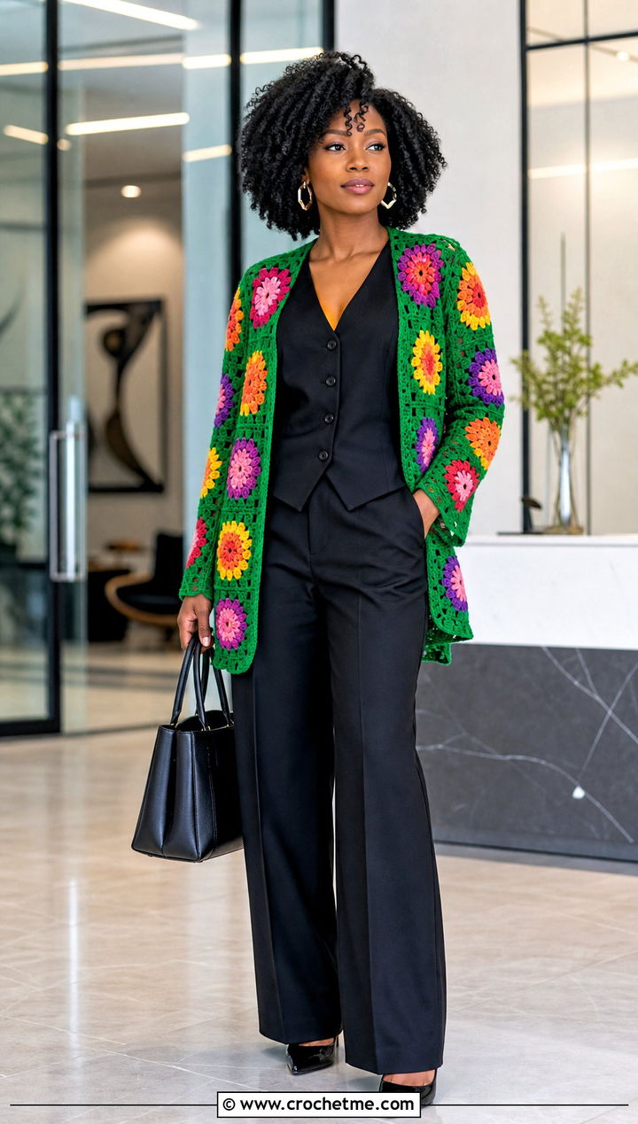 Zinnia Flower Cardigan With Suit Vest And Trousers - 30 crochet flowers cardigan outfit ideas