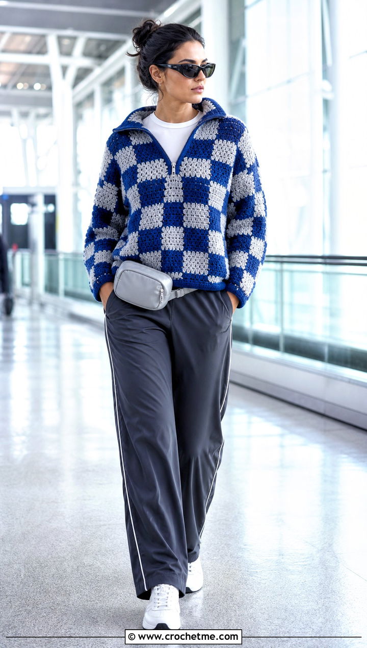 Zip Collar Checkered Sweater With Track Pants - 30 crochet checkered sweater outfit ideas